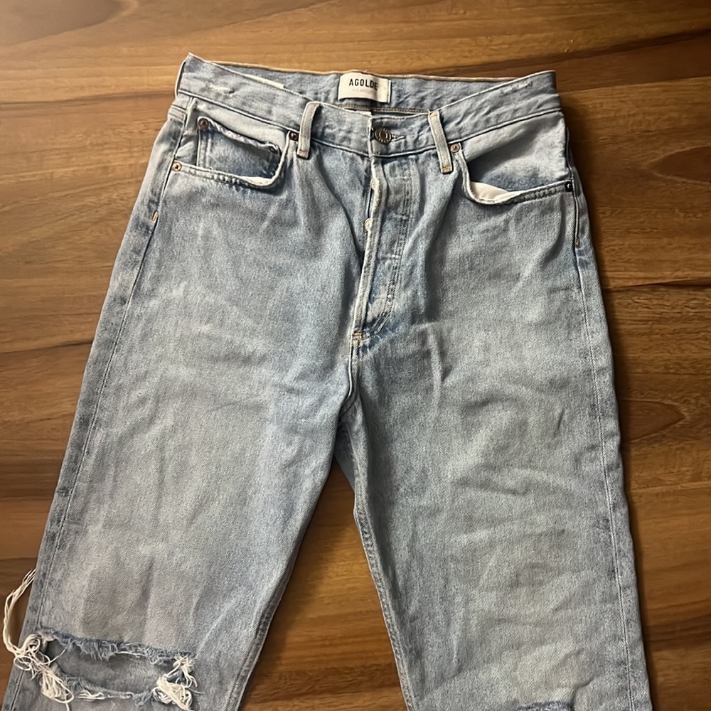 Agolde Light Wash High Rise Ripped Straight Jeans - Picture 2 of 7